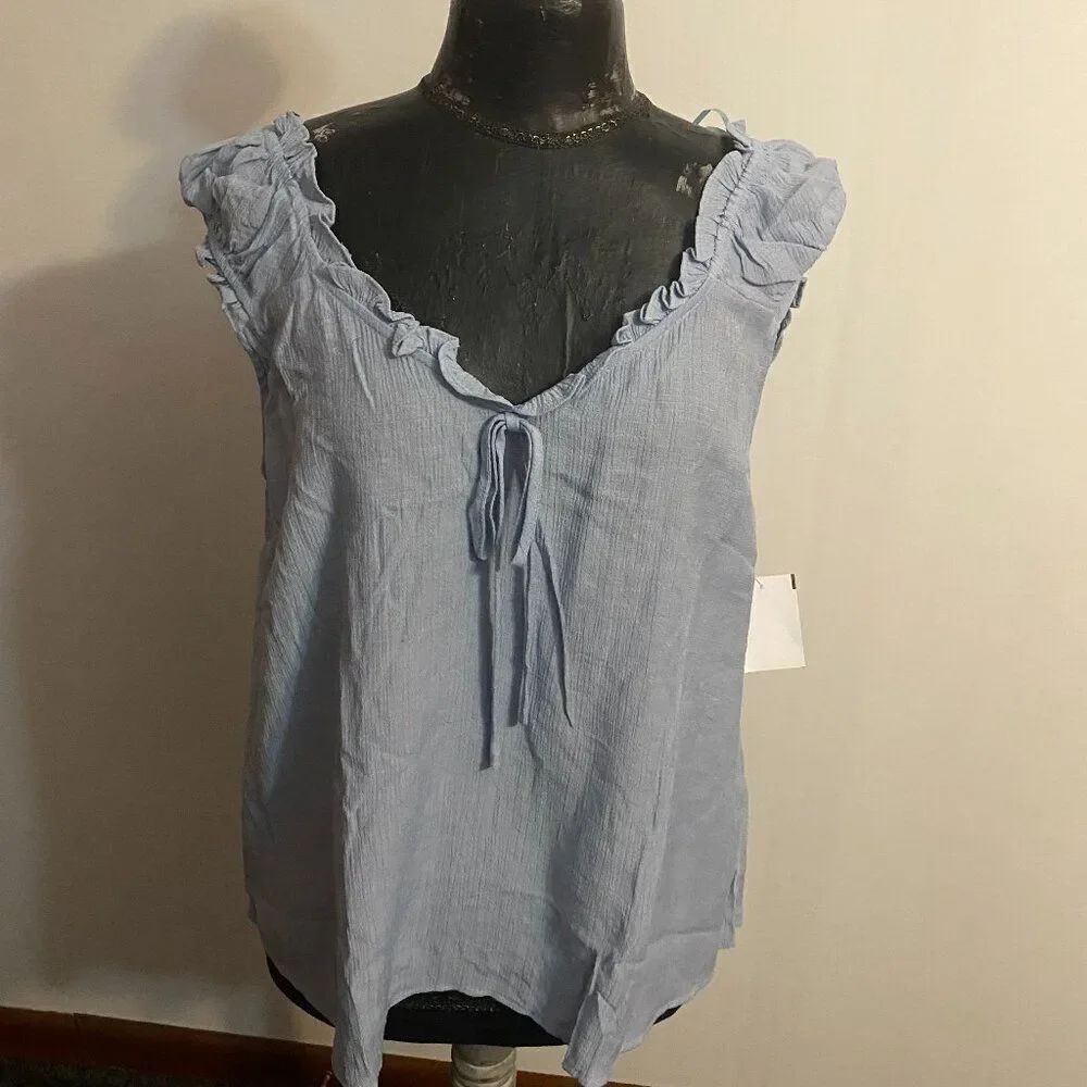 Perch by Blu Pepper Blue ruffle neck & sleeves top, size 1XL